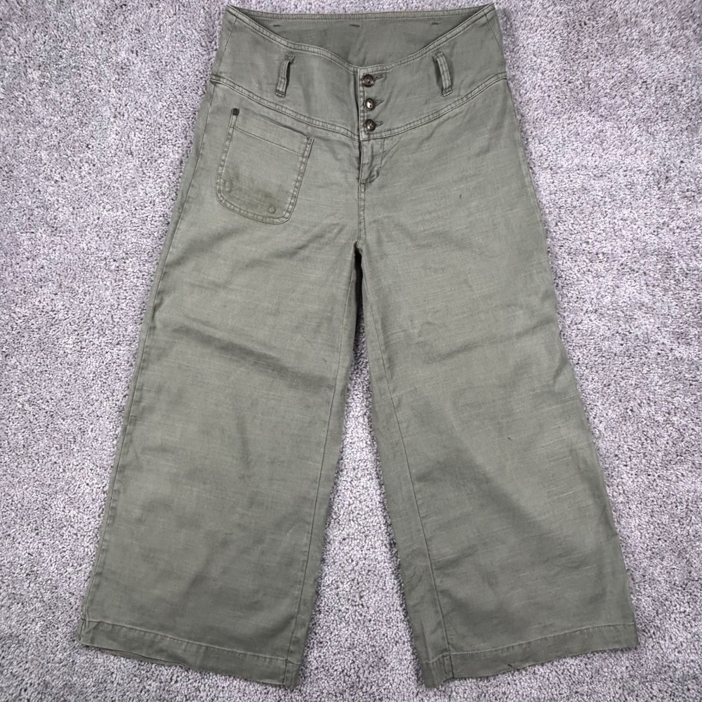 Sundance‎ Womens Linen Tencel Wide Leg Crop Pants Olive Green Size 2 (READ)